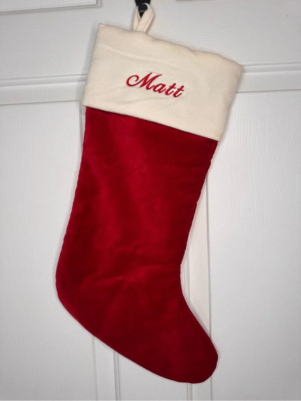 Pottery Barn Personalized Red and Cream velvet Christmas Stocking - 'Matt'